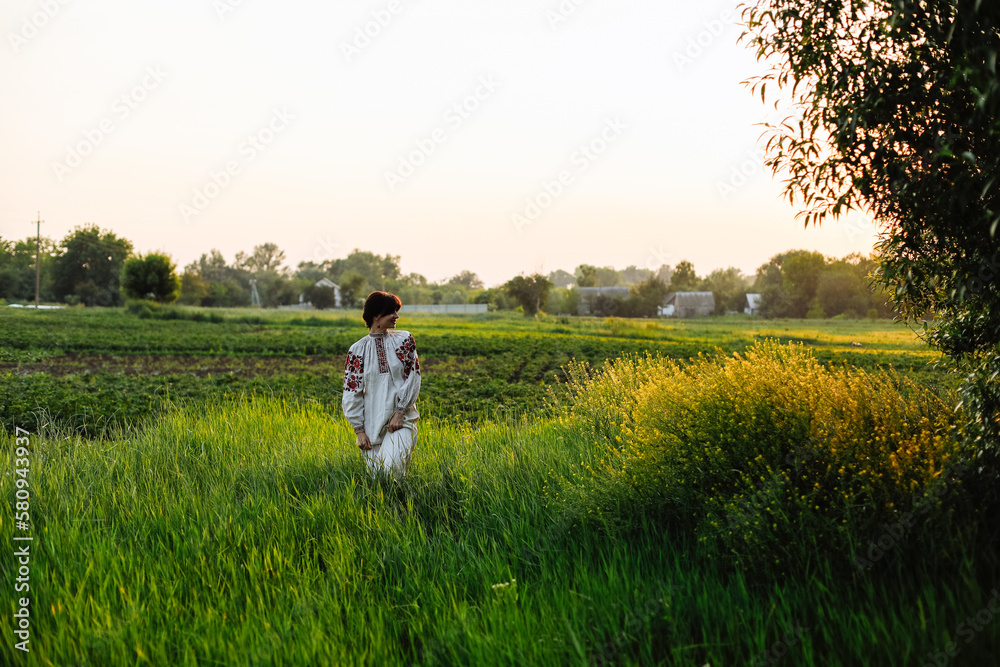 A girl in a national costume in a field against a background of green trees and bushes A girl in a national costume in a field against a background of green trees and bushes