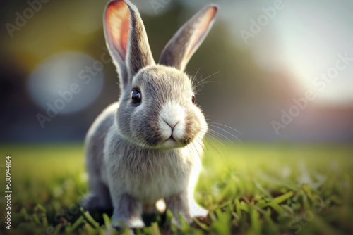 Bright meadow and cute rabbit, Generative AI