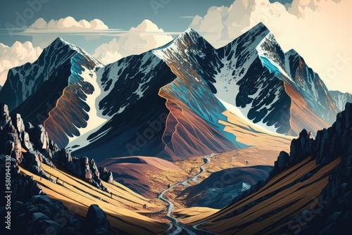 mountain ranges and a picturesque alpine landscape. Mountainous terrain as a backdrop. classic stylization. Generative AI