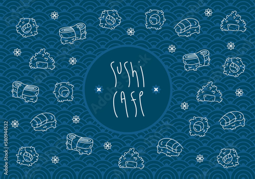 Hand drawn vector line illustration food on blue board. Doodle Japanese cuisine. Pattern Sushi, rolls, nigiri, sashimi