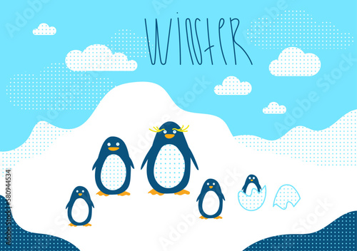 Vector set. A flock of realistic imperial penguins. Penguins are parents and their chick. The glacier and the snow-covered plain. Landscapes of the Antarctic.