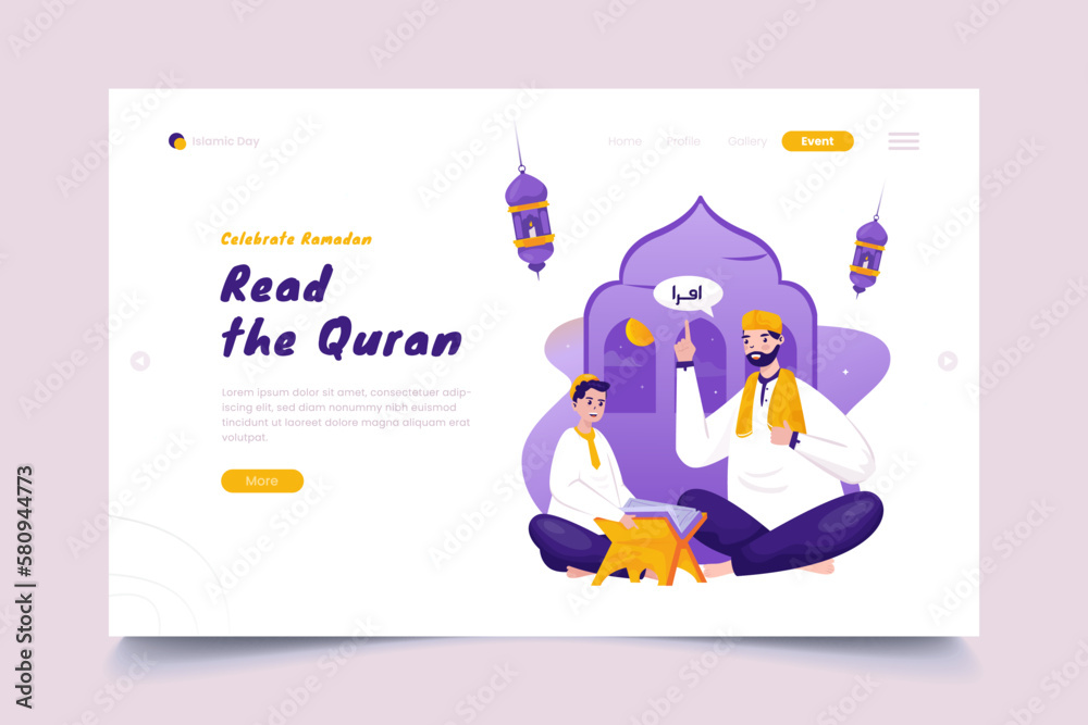Muslim Read Quran illustration on website landing page design Muslim Read Quran illustration on website landing page design