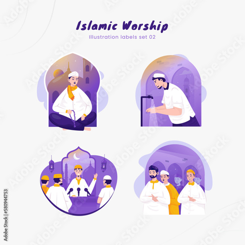 Islamic worship illustration on labels set