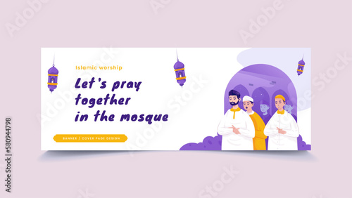 Islamic Ramadan worship at mosque on banner cover page template