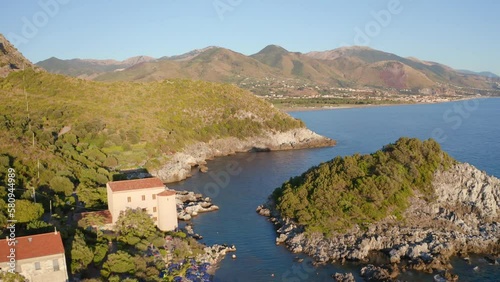 4k drone forward video (Ultra High Definition) of scenic spot - La Secca, Maratea Castrocucco location, Italy, Europe. Beautiful summer seascape of Mediterranean sea. Vacation concept background..