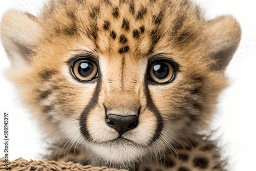 a close up of a three month old cheetah cub gazing forward, isolated on white. Generative AI photo