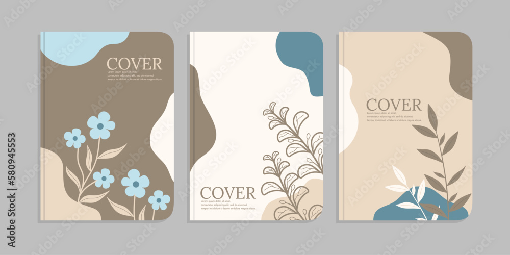 set of book cover template with hand drawn plant decorations. abstract retro botanical background.size A4 For notebooks, diary, invitation, planners, brochures, books, catalogs