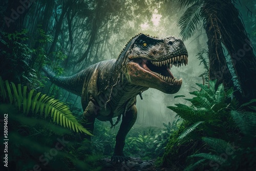 Tyrannosaurus Rex, a dinosaur, in a rainforest. Generative AI © AkuAku