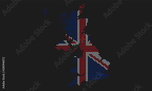 United Kingdom or UK map flag with grunge texture in mosaic dot style. Abstract pixel vector illustration of a country map with halftone effect for infographic. 