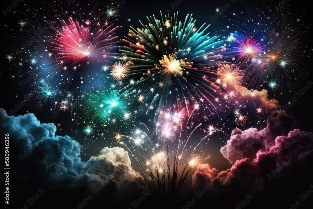 Lots of gorgeous, colorful fireworks light up the night sky. Generative AI