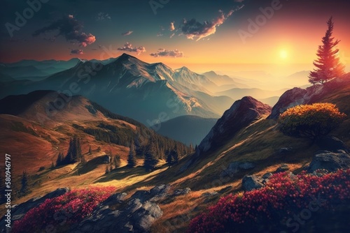 Mountains during sunset. Beautiful natural landscape in the summer time. Generative AI