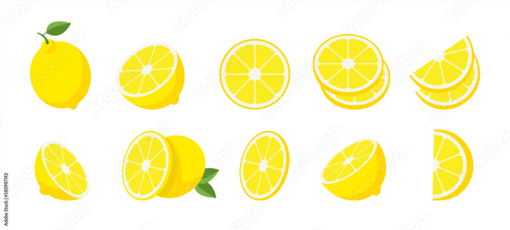 Lemon slices. Fresh citrus, half sliced lemons and chopped lemon. Cut ...