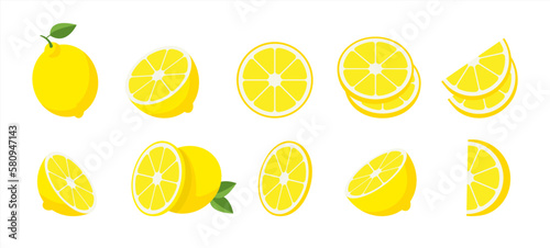 Lemon slices. Fresh citrus, half sliced lemons and chopped lemon. Cut lemons fruit slice and zest for lemonade juice or vitamin c logo. Isolated cartoon vector illustration icons 10 eps.