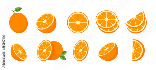 Set of fresh oranges. Orange fruit isolated on white background. Vector illustration for design and print 10 eps.
