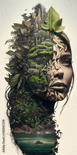 Dryad Woman made of plants and vegetation. Earth day, ecology illustration generative ai