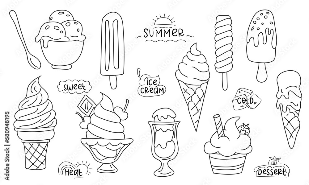A set of hand-drawn doodles with various types of ice cream. Waffle cone, cups, on a stick, ice cream, in glass. A sketch of a vector illustration in the style of a cafe menu, postcards, decorations