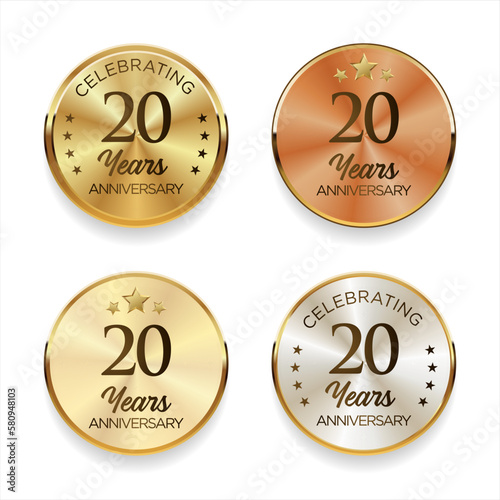 Collection of anniversary golden silver and bronze badge vector illustration 