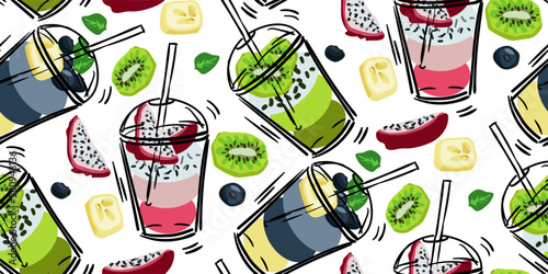 Seamless pattern with puff smoothies. A hand-drawn glass with drinks and fruits. Cute bright vector illustration. Colorful background with fruit juice stains in layers. A mix of drinks. Printing