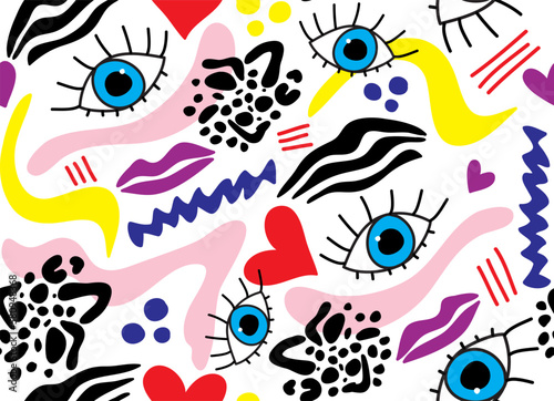 Abstract Hand Drawing Retro Eyes Lips Hearts Waves Leopard Zebra Stripes Geometric Shapes Seamless Vector Pattern Isolated Background