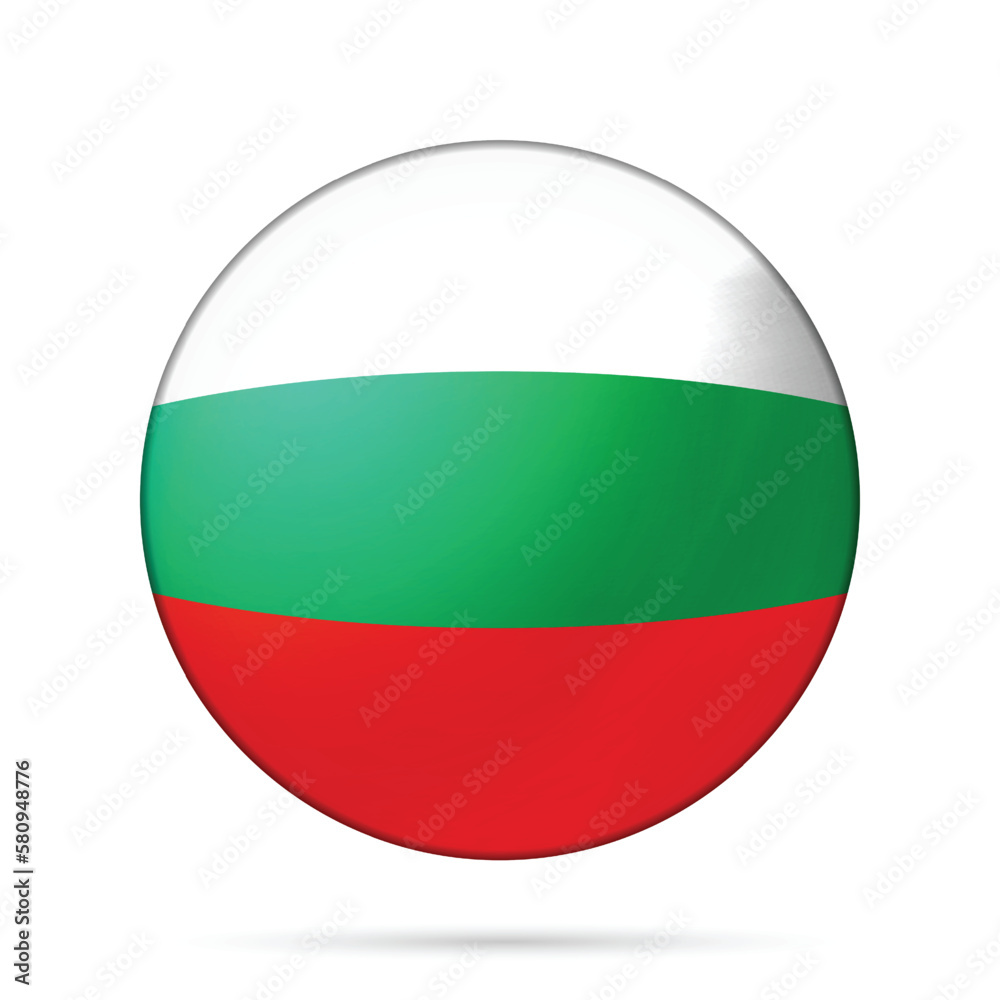 Glass light ball with flag of Bulgaria. Round sphere, template icon. Bulgarian national symbol. Glossy realistic ball, 3D abstract vector illustration highlighted on a white background. Big bubble