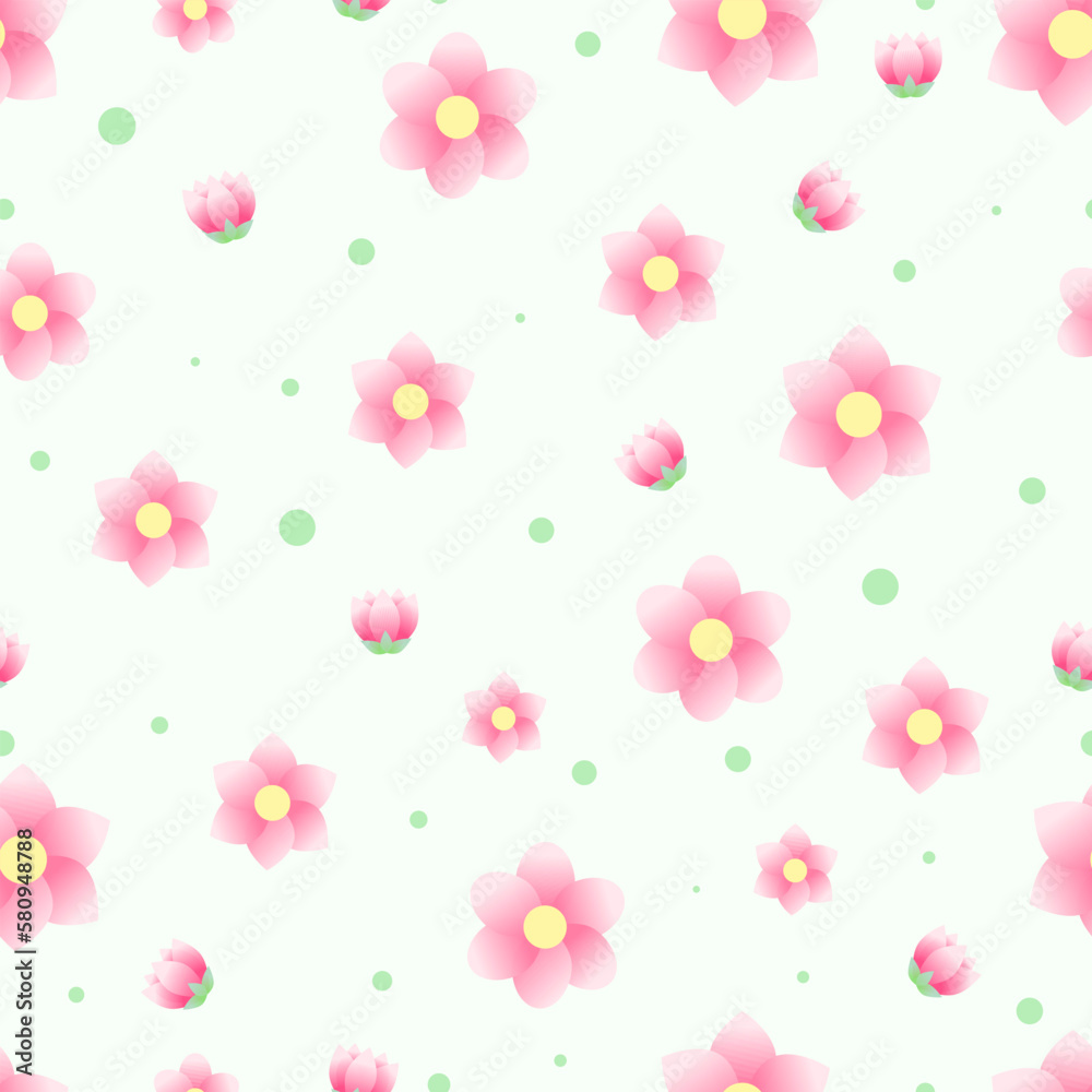 Vector pattern with pink flowers and leaves on a green background. Beautiful illustration with repeating pattern on a light background, paper for packaging gifts, drawing for print, spring background