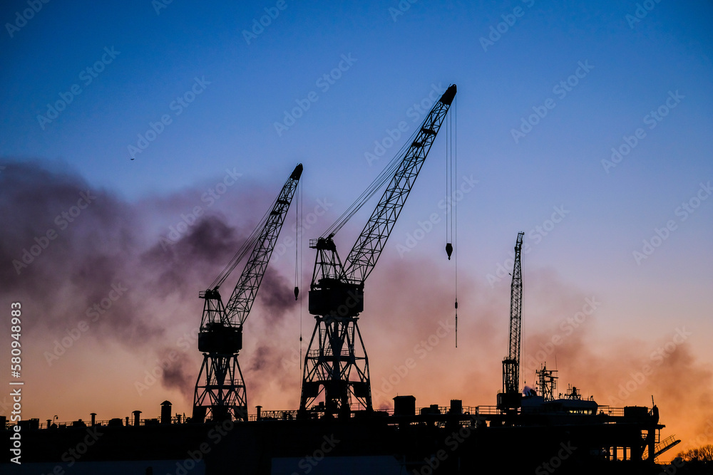 Port cranes at sunset. Port, cargo transportation and cargo ships. Selective focus