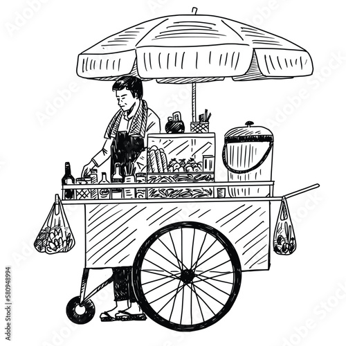 Hand drawn Thai street food vendor and his cart