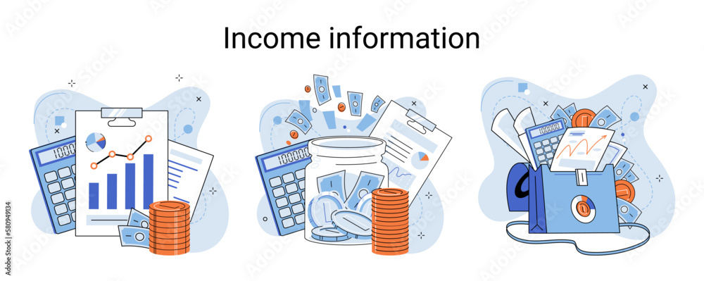 Income information vector set, business profitability indicator, entrepreneurial activity and accounting. Registration of claim form document, providing personal information, financial report for tax Income information vector set, business profitability indicator, entrepreneurial activity and accounting. Registration of claim form document, providing personal information, financial report for tax