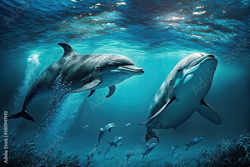 Dolphins swimming underwater in the sea. Generative AI