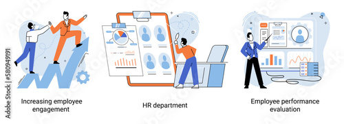 HR department work scenes set, qualified employee responsible for formation of human resources in organization. Specialist engaged in selection, adaptation, dismissal, development of personnel