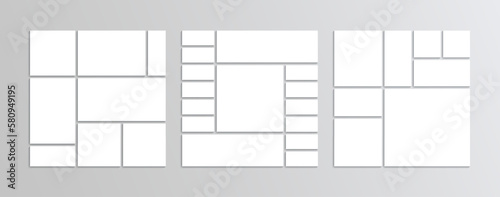 Three photo collage templates set. Retro gallery banners. Collection of scrapbook layouts. Moodboard background. Mosaic pictures frame. Album brandboard. Empty portfolio images. Vector illustration