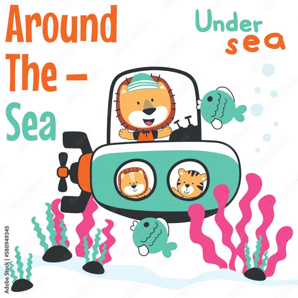 Diving with funny tiger driving submarine. Creative vector childish background for fabric, textile, nursery wallpaper, poster, card, brochure. vector illustration background.