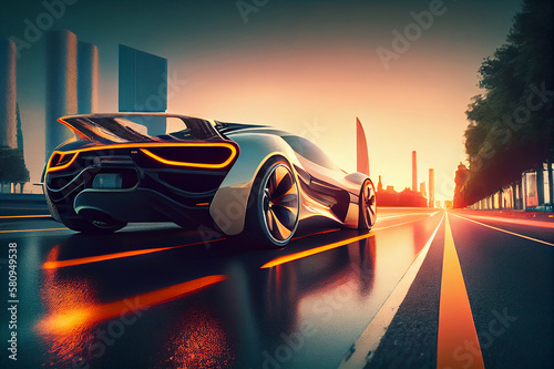 futuristic sports supercar in the rays of the setting sun in a modern city