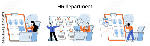 HR department, headhunter job, selection interview scenes set. Employer selects applicant candidates for work or study. Specialist engaged in selection, adaptation, dismissal, development of personnel