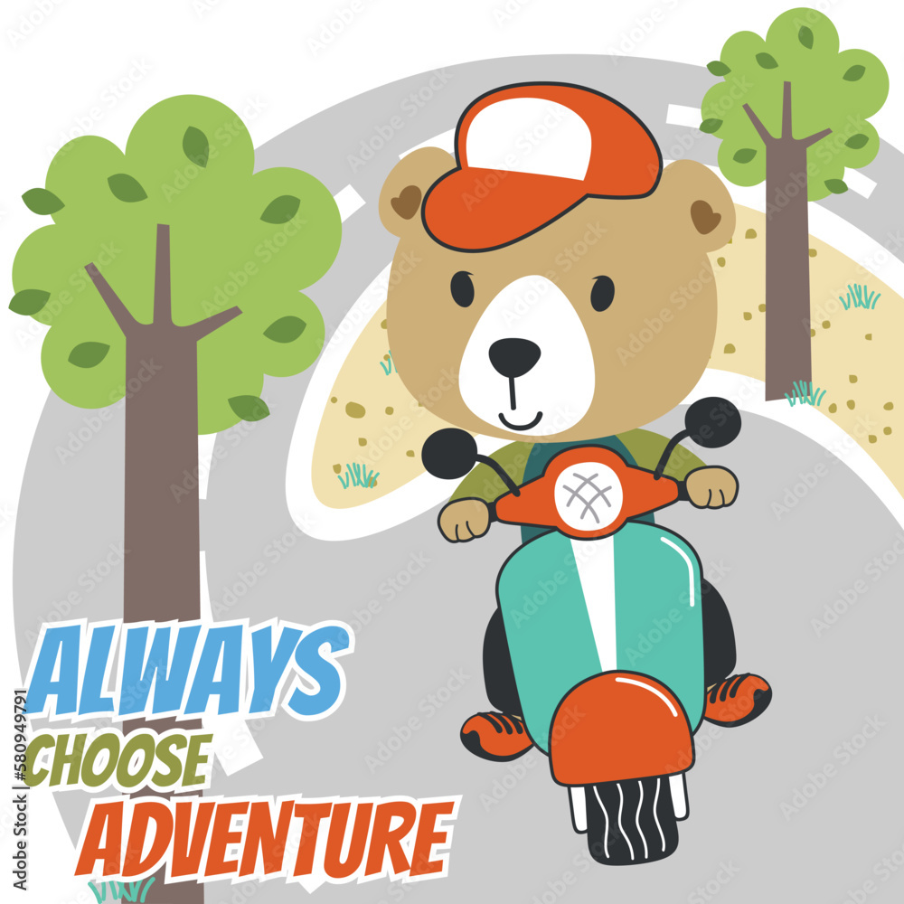 Vector illustration of cute bear riding Scooter. Can be used for t-shirt printing, children wear fashion designs, baby shower invitation cards and other decoration. Vector illustration of cute bear riding Scooter. Can be used for t-shirt printing, children wear fashion designs, baby shower invitation cards and other decoration.