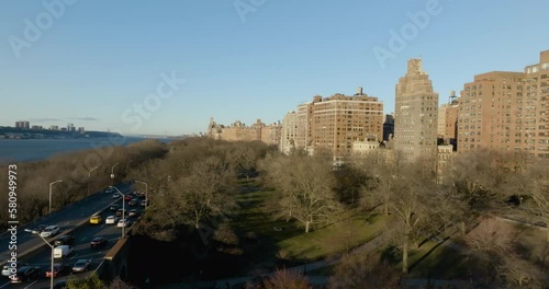 Aerial view of the Riverside Park, sunny spring morning in New York, USA - descending, drone shot photo