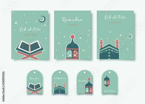 Ramadan Kareem. Set of Islamic greeting card and gift tags with Kaaba, Quran, arabic lantern. Vector holiday illustration in green colors for your holliday design.