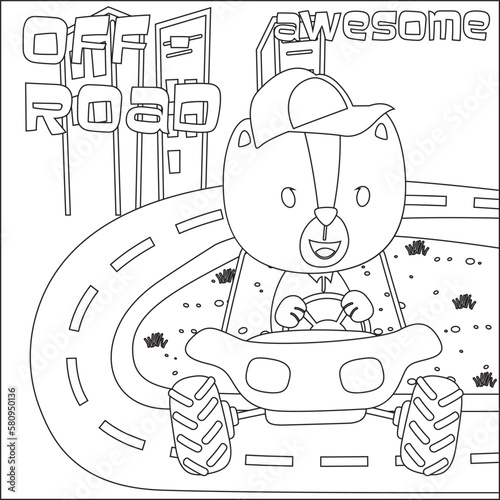 Cute tiger cartoon having fun driving off road car on sunny day. Cartoon isolated vector illustration, Creative vector Childish design for kids activity colouring book or page.