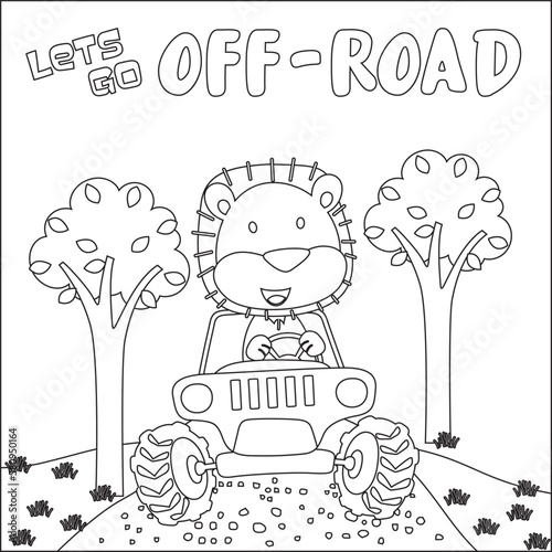 Cute lion cartoon having fun driving off road car on sunny day. Cartoon isolated vector illustration, Creative vector Childish design for kids activity colouring book or page.