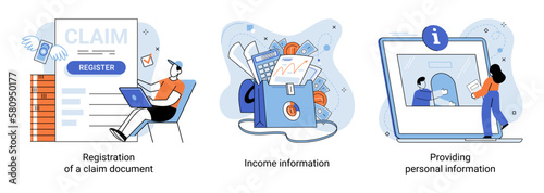 Registration of claim form register document, providing personal information, income information vector set. Employer form, earnings statement documents. Tax, financial and accounting reporting