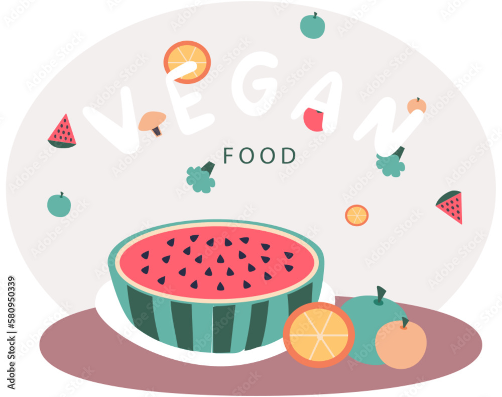 Vegan food banner with fresh fruits. Natural tropical fruit, citrus orange and vitamin watermelon. Healthy kitchen apple hand drawn, organic fruits or vegetarian food. Summer seasonal juicy harvest