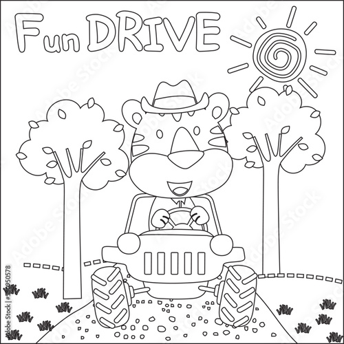 Cute tiger cartoon having fun driving off road car on sunny day. Cartoon isolated vector illustration, Creative vector Childish design for kids activity colouring book or page