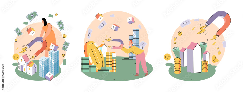Businessman investor with coins. Employee or entrepreneur puts money in piles, calculates profit. Financial literacy and passive income, successful investor. Person stands holding bag of money