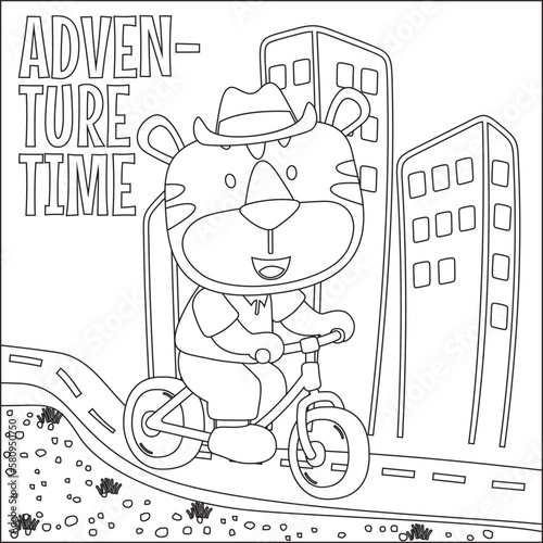 Cute little bear riding bicycle. Trendy children graphic with line art design hand drawing sketch vector illustration for adult and kids coloring book.