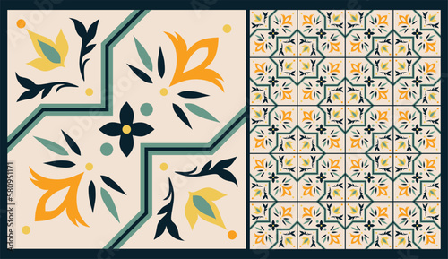 Seamless patchwork tile with Islam, Arabic, Indian, ottoman motifs. Majolica pottery tile.  Ceramic tile in talavera style. Vector illustration.