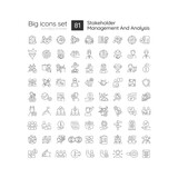 Stakeholder management and analysis linear icons set. Relationship development. Communication. Business strategy. Customizable thin line symbols. Isolated vector outline illustrations. Editable stroke