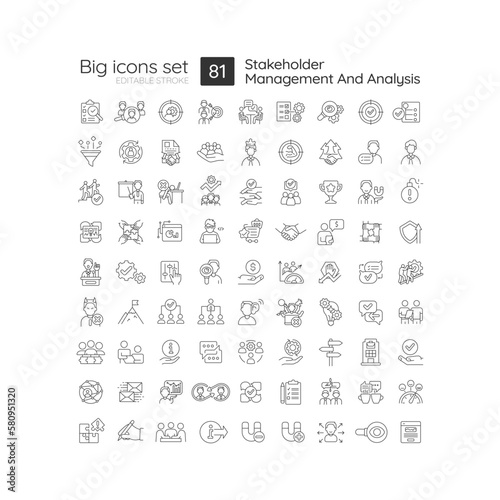 Stakeholder management and analysis linear icons set. Relationship development. Communication. Business strategy. Customizable thin line symbols. Isolated vector outline illustrations. Editable stroke