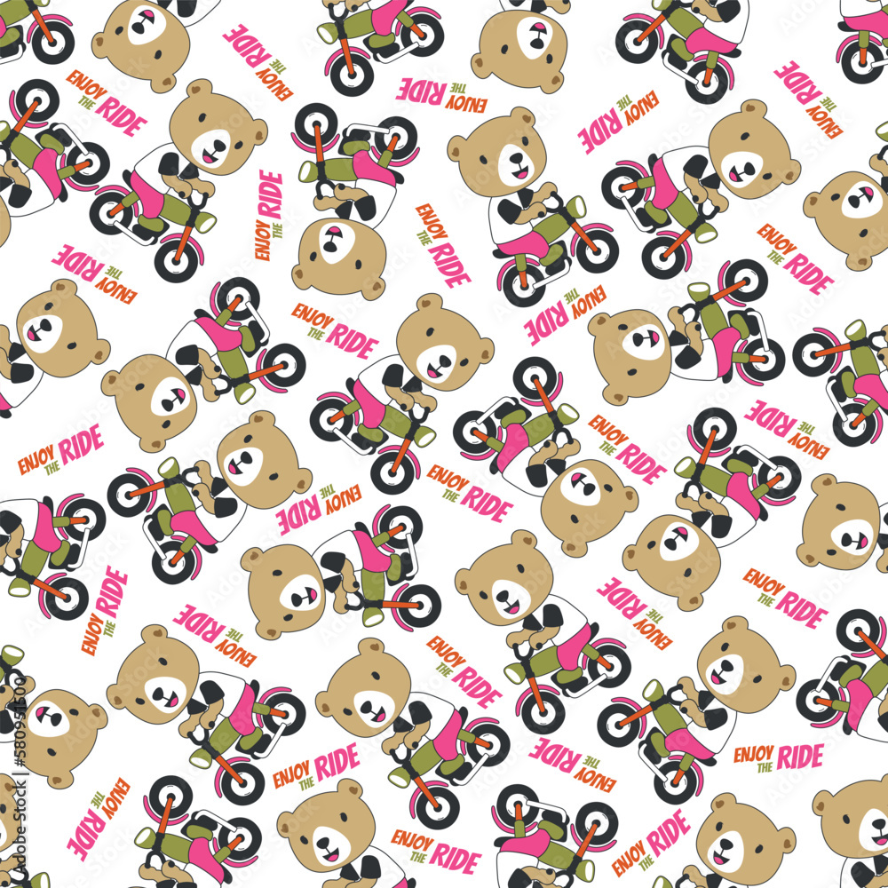 Seamless pattern texture with Cute little bear Riding motorcycle, Cartoon Vector Icon Illustration. For fabric textile, nursery, baby clothes, background, textile, wrapping paper and other decoration. Seamless pattern texture with Cute little bear Riding motorcycle, Cartoon Vector Icon Illustration. For fabric textile, nursery, baby clothes, background, textile, wrapping paper and other decoration.