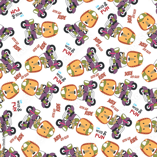 Fototapeta Naklejka Na Ścianę i Meble -  Seamless pattern texture with Cute little lion Riding motorcycle, Cartoon Vector Icon Illustration. For fabric textile, nursery, baby clothes, background, textile, wrapping paper and other decoration.
