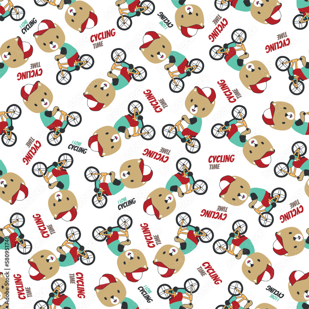 Colorful seamless pattern with cute cartoon bear riding bicycle . Endless texture for fabric, baby clothes, background, textile, wallpaper and other decoration.